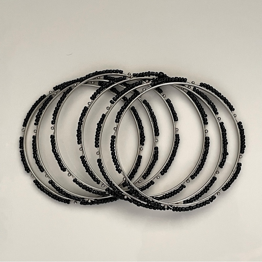 Set of 6 Black Silver Beaded Bangle Bracelets